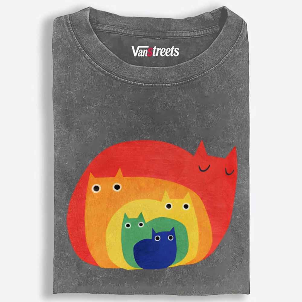 Rainbow Gradient Cat Geometric Art Retro Washed T-Shirt | 100% Cotton | Streetwear Essential