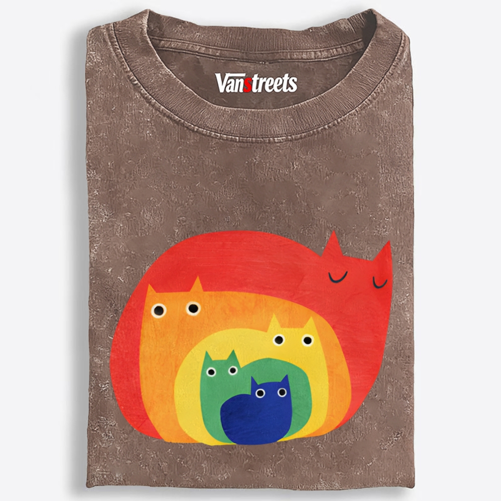 Rainbow Gradient Cat Geometric Art Retro Washed T-Shirt | 100% Cotton | Streetwear Essential
