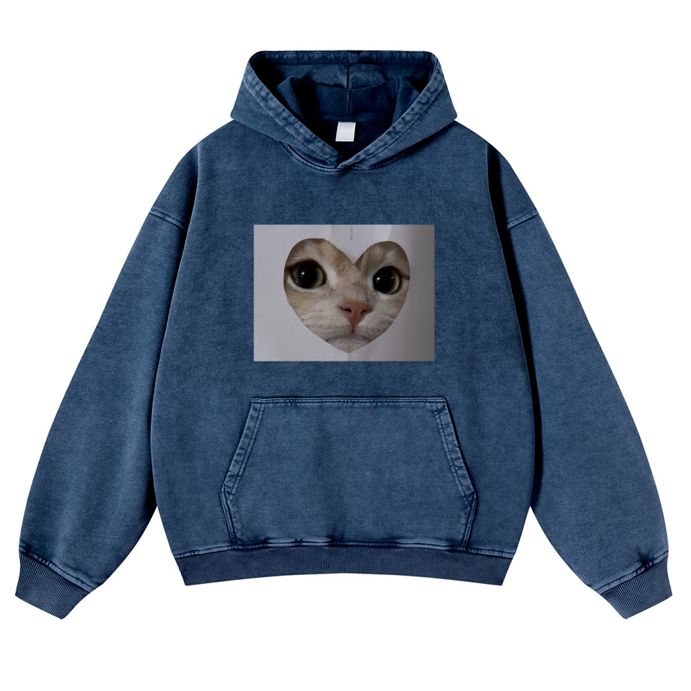 Heart Cutout Cat Face Retro Washed Hoodie