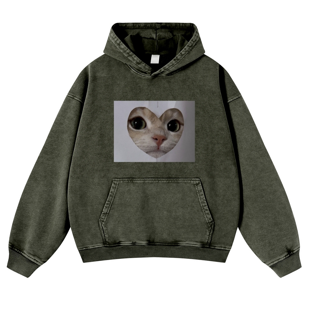 Heart Cutout Cat Face Retro Washed Hoodie
