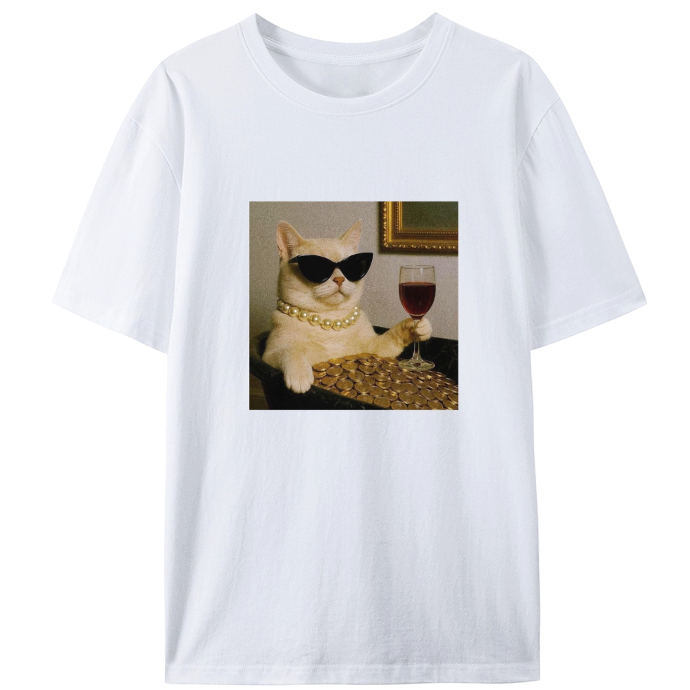 Rich Cat With Wine Coins Glamour Meme Retro Designed for Women - Slim Fit Cotton Tee