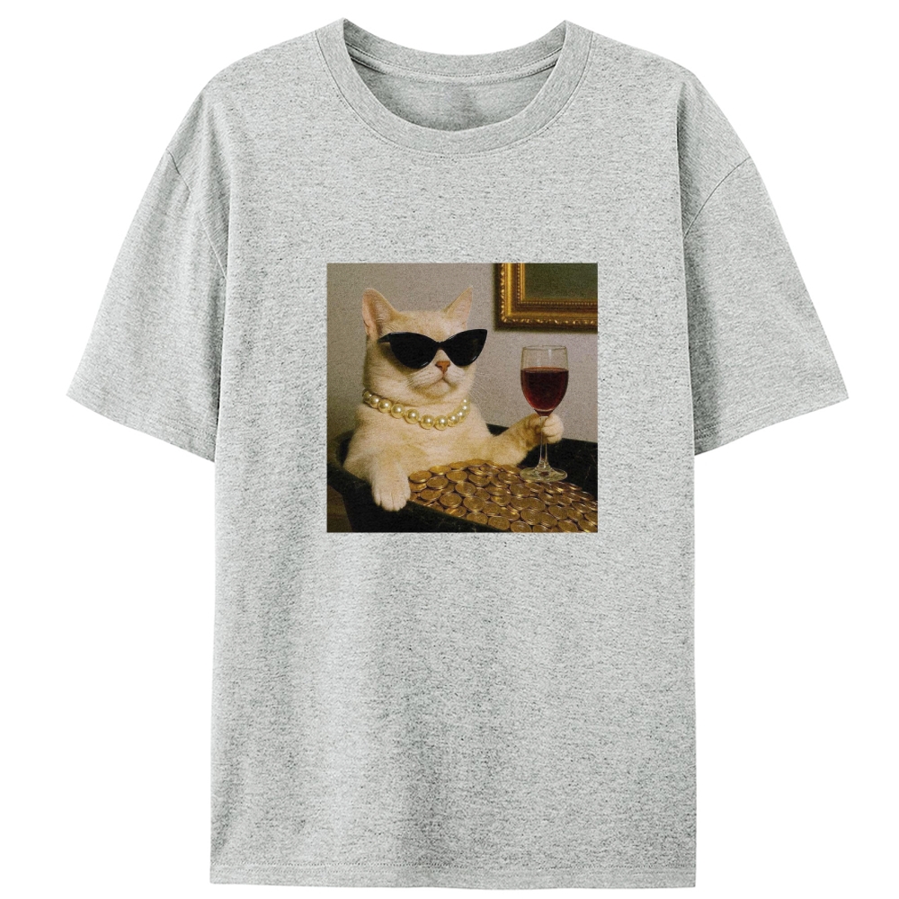 Rich Cat With Wine Coins Glamour Meme Retro Designed for Women - Slim Fit Cotton Tee