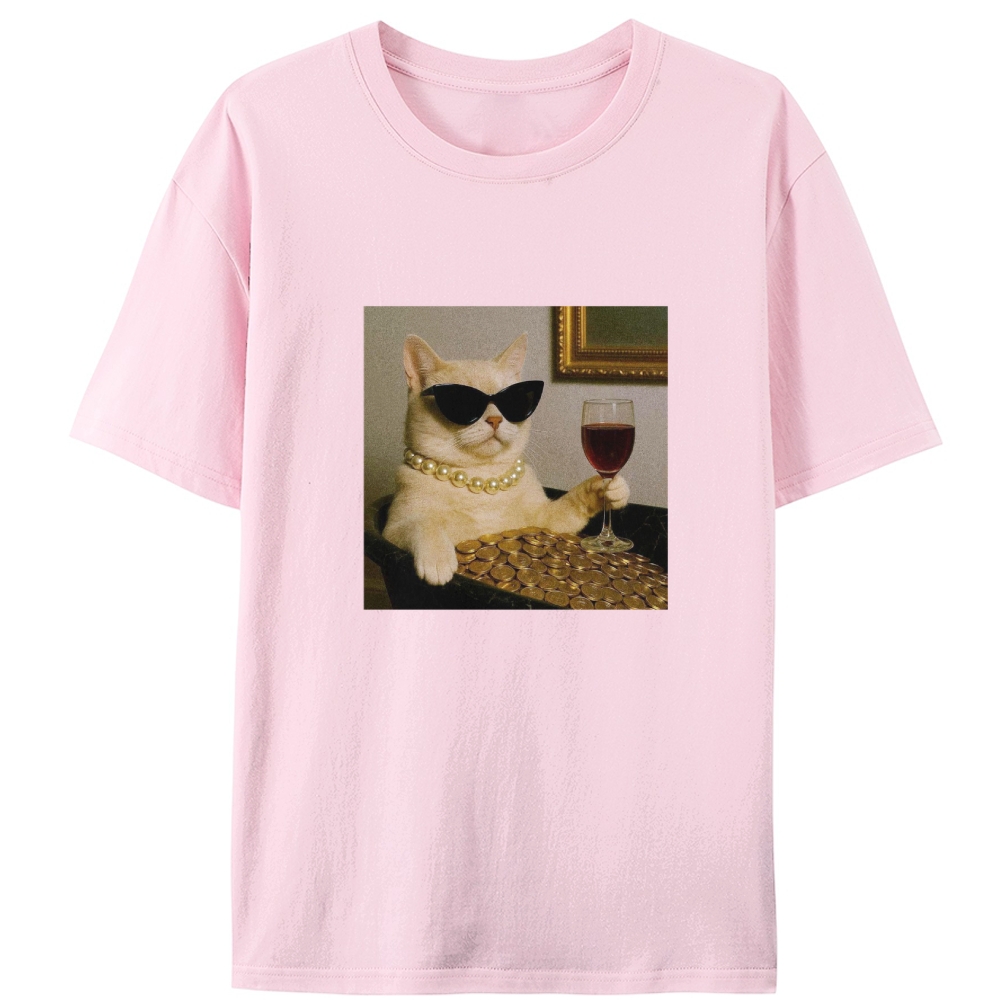 Rich Cat With Wine Coins Glamour Meme Retro Designed for Women - Slim Fit Cotton Tee