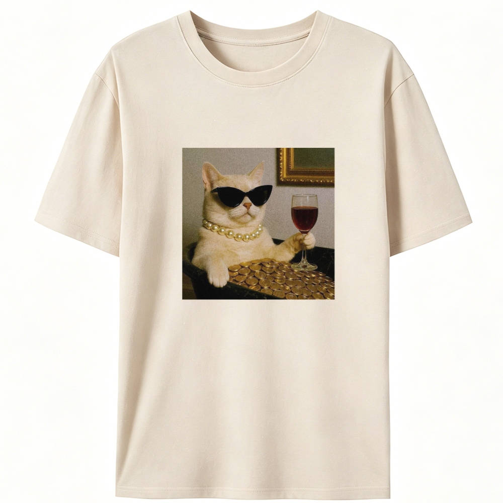 Rich Cat With Wine Coins Glamour Meme Retro Designed for Women - Slim Fit Cotton Tee