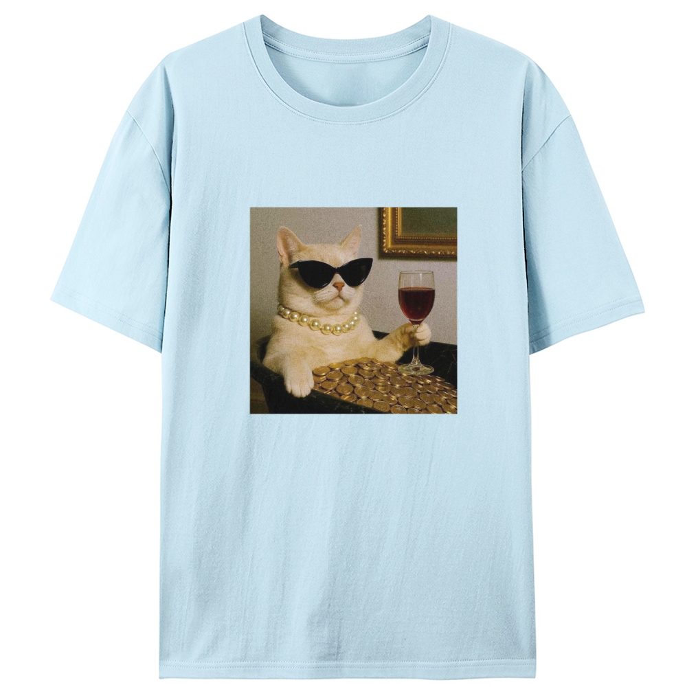 Rich Cat With Wine Coins Glamour Meme Retro Designed for Women - Slim Fit Cotton Tee