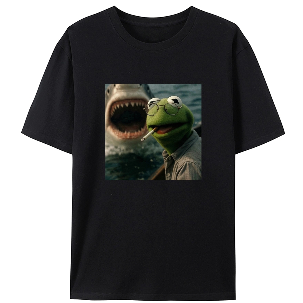 Kermit the Frog vs Great White Shark Meme Retro Designed for Women - Slim Fit Cotton Tee
