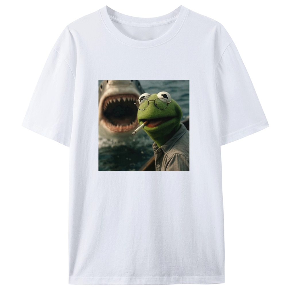 Kermit the Frog vs Great White Shark Meme Retro Designed for Women - Slim Fit Cotton Tee