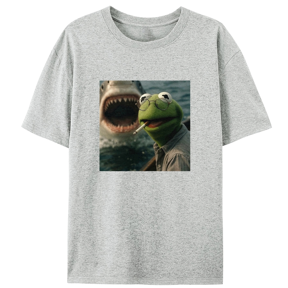 Kermit the Frog vs Great White Shark Meme Retro Designed for Women - Slim Fit Cotton Tee