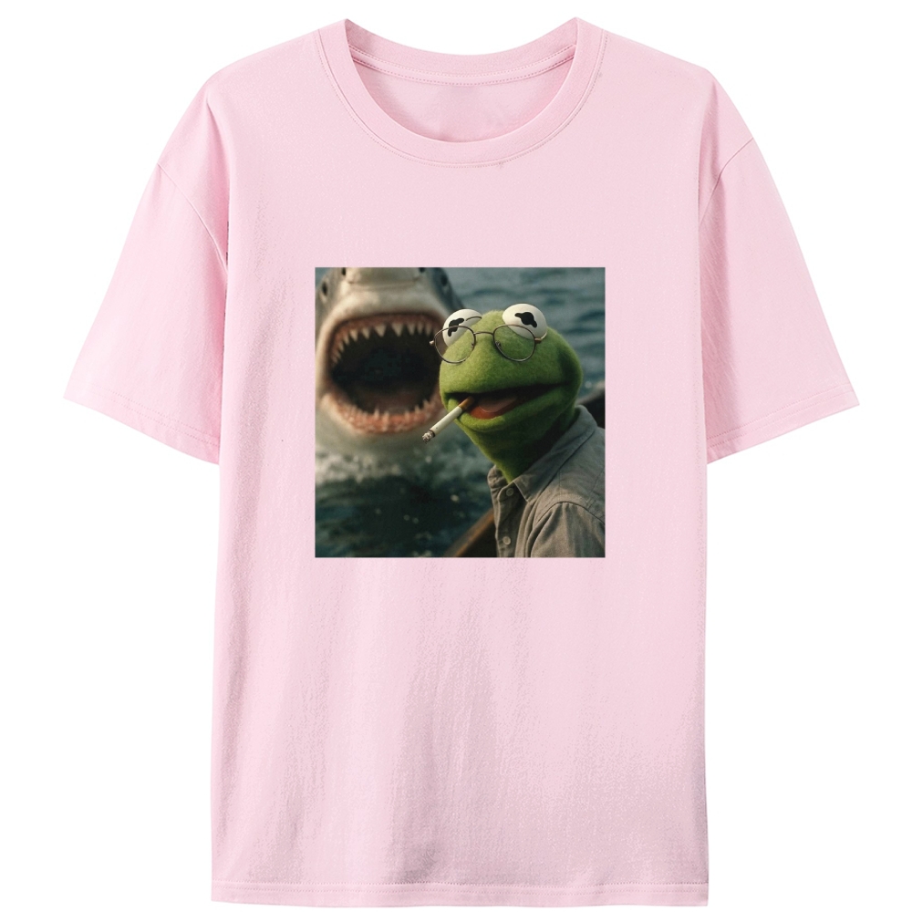 Kermit the Frog vs Great White Shark Meme Retro Designed for Women - Slim Fit Cotton Tee