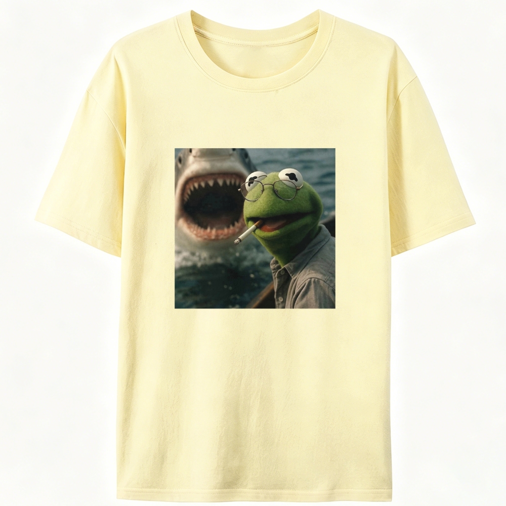 Kermit the Frog vs Great White Shark Meme Retro Designed for Women - Slim Fit Cotton Tee
