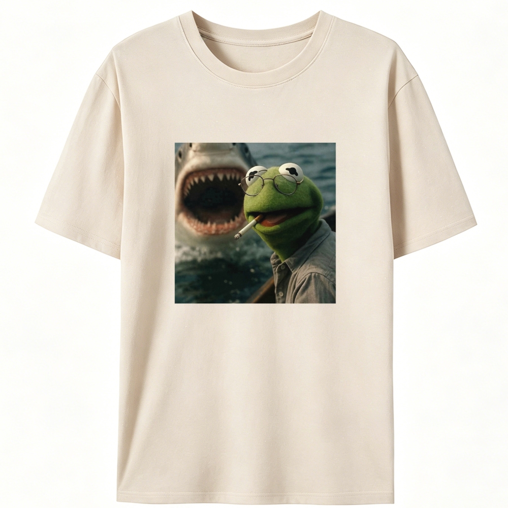 Kermit the Frog vs Great White Shark Meme Retro Designed for Women - Slim Fit Cotton Tee