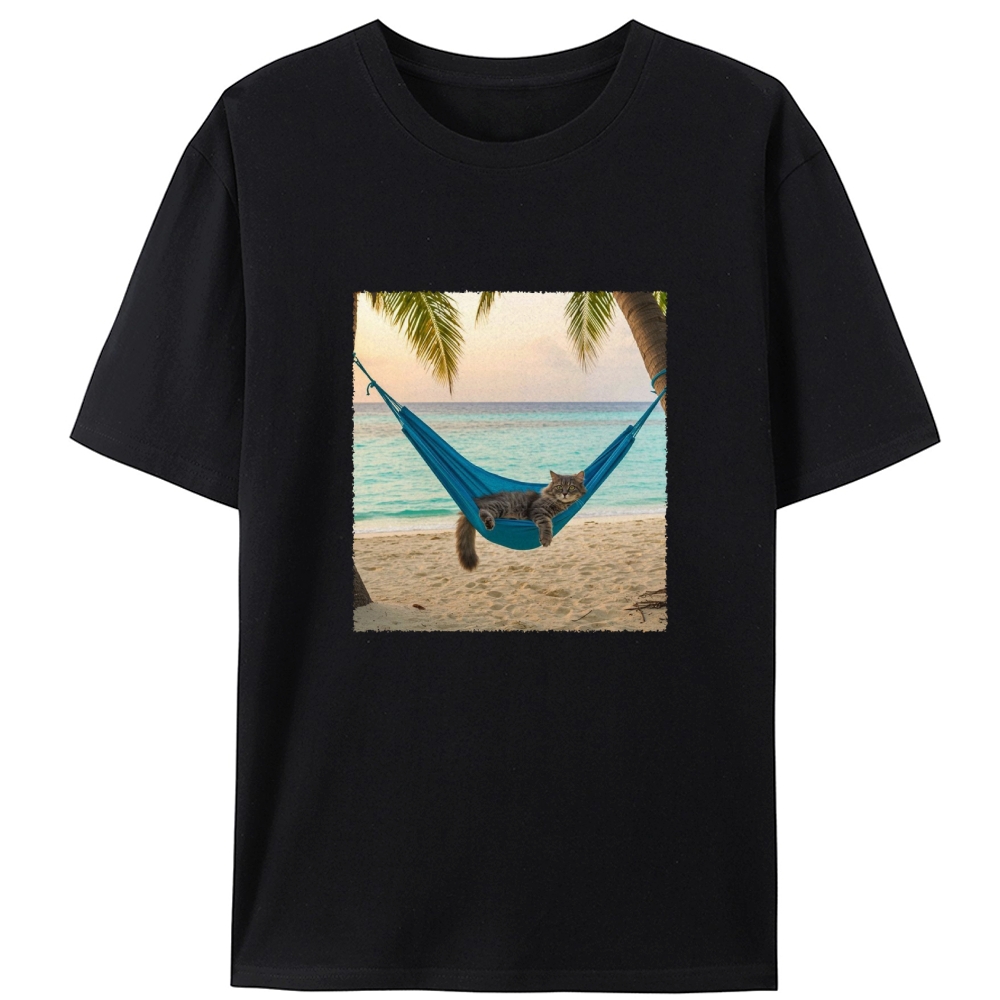 Tabby Cat Relaxing on Tropical Beach Designed for Women - Slim Fit Cotton Tee