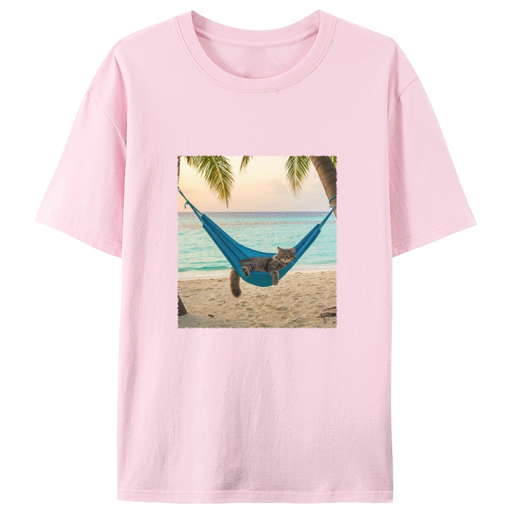Tabby Cat Relaxing on Tropical Beach Designed for Women - Slim Fit Cotton Tee