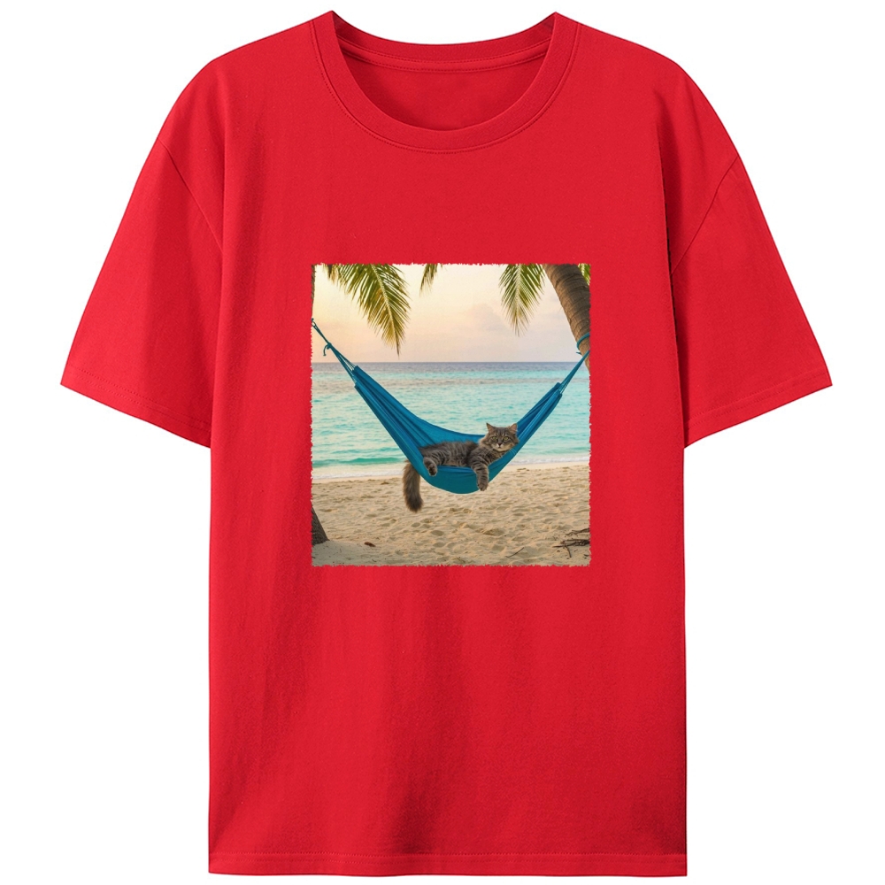 Tabby Cat Relaxing on Tropical Beach Designed for Women - Slim Fit Cotton Tee