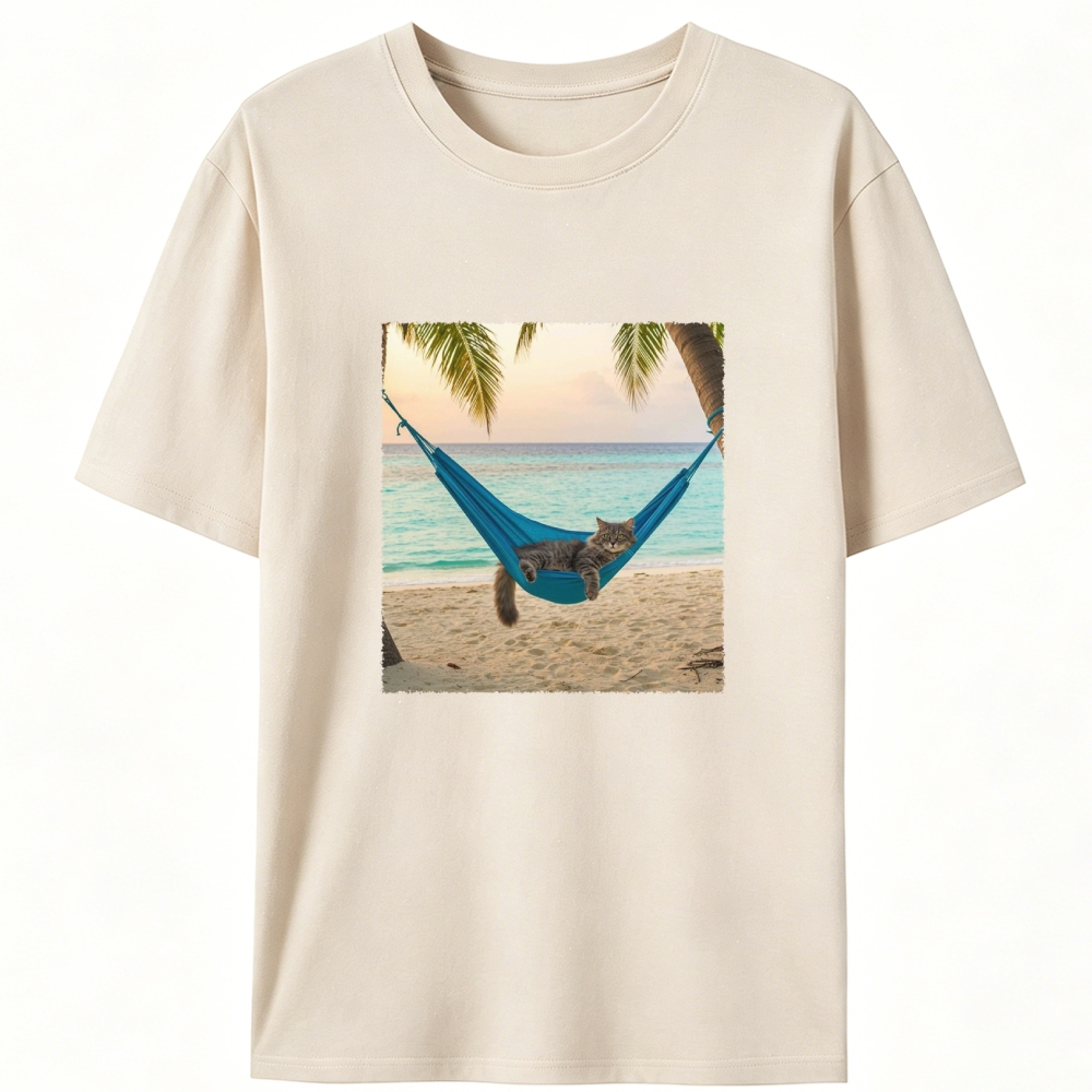 Tabby Cat Relaxing on Tropical Beach Designed for Women - Slim Fit Cotton Tee