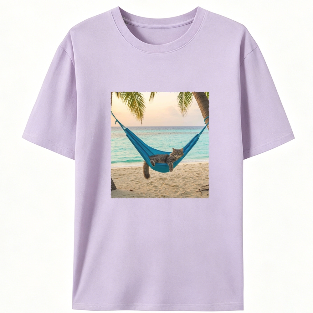 Tabby Cat Relaxing on Tropical Beach Designed for Women - Slim Fit Cotton Tee