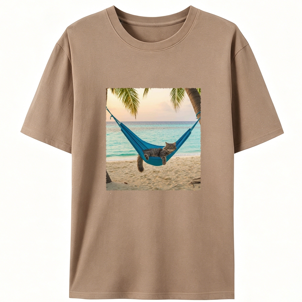 Tabby Cat Relaxing on Tropical Beach Designed for Women - Slim Fit Cotton Tee