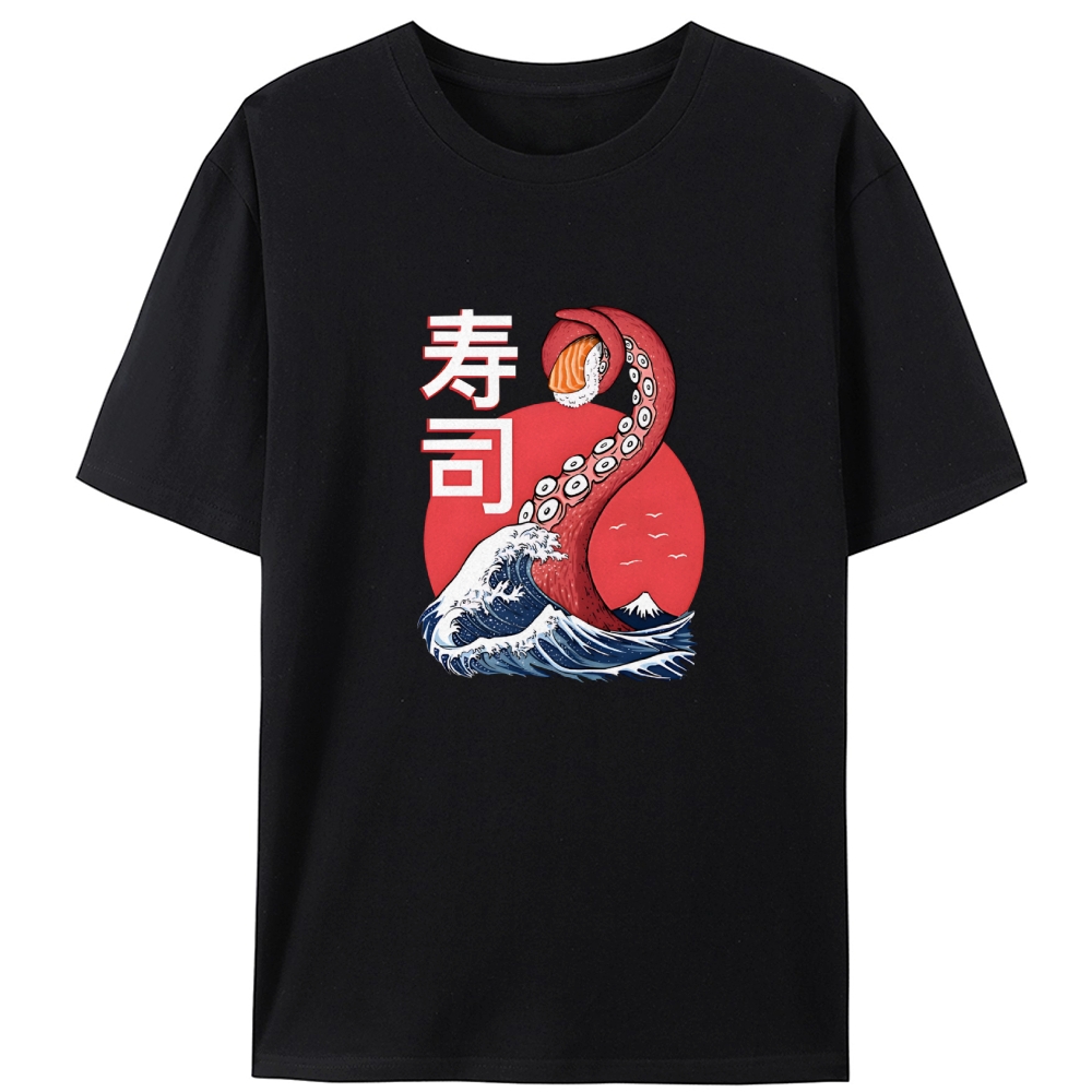Octopus Sushi Great Wave Retro Designed for Women - Slim Fit Cotton Tee