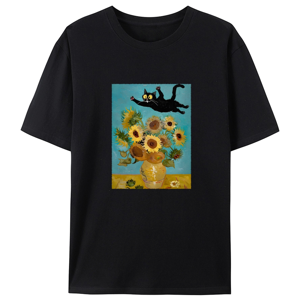 Van Gogh Sunflowers Black Cat Designed for Women - Slim Fit Cotton Tee
