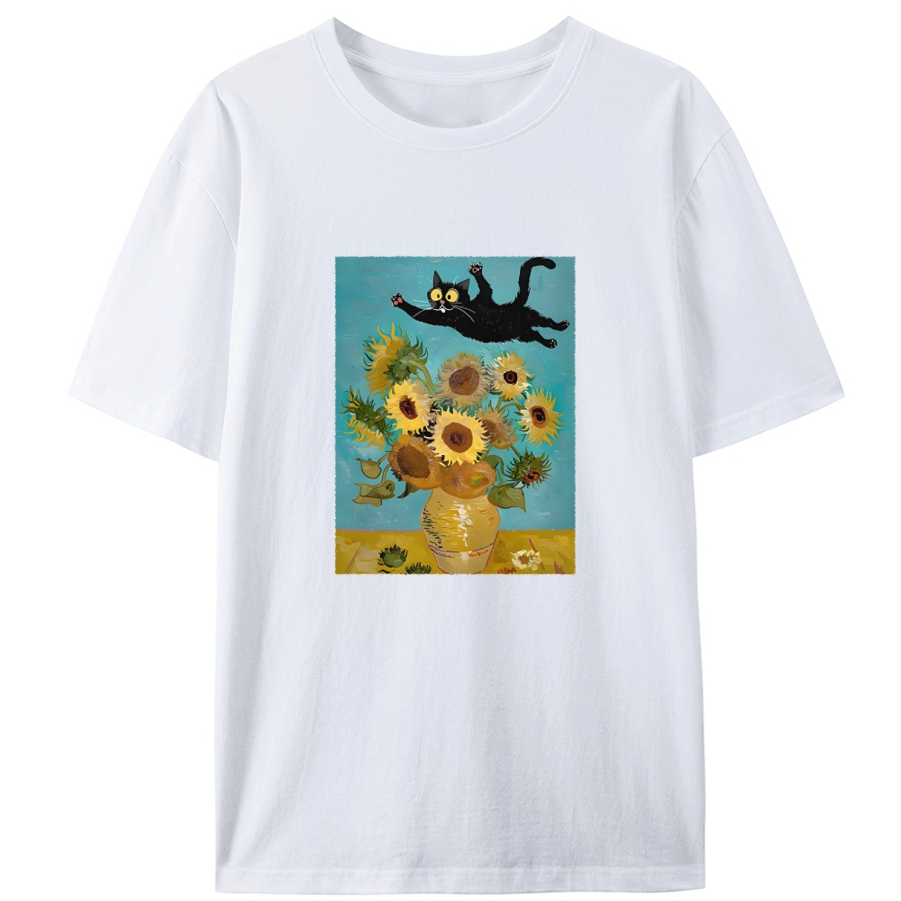 Van Gogh Sunflowers Black Cat Designed for Women - Slim Fit Cotton Tee