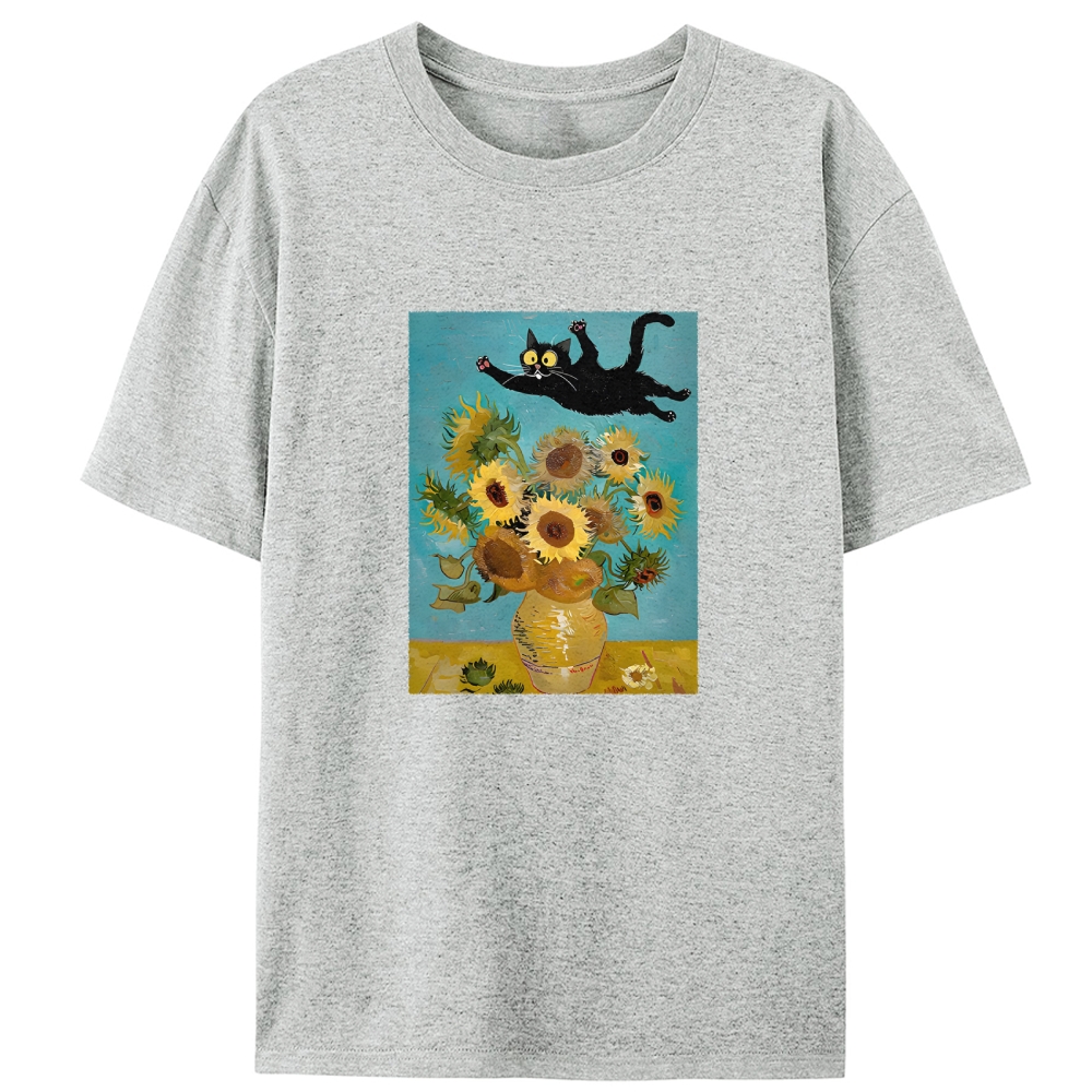 Van Gogh Sunflowers Black Cat Designed for Women - Slim Fit Cotton Tee