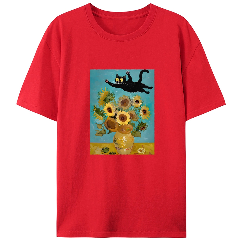 Van Gogh Sunflowers Black Cat Designed for Women - Slim Fit Cotton Tee