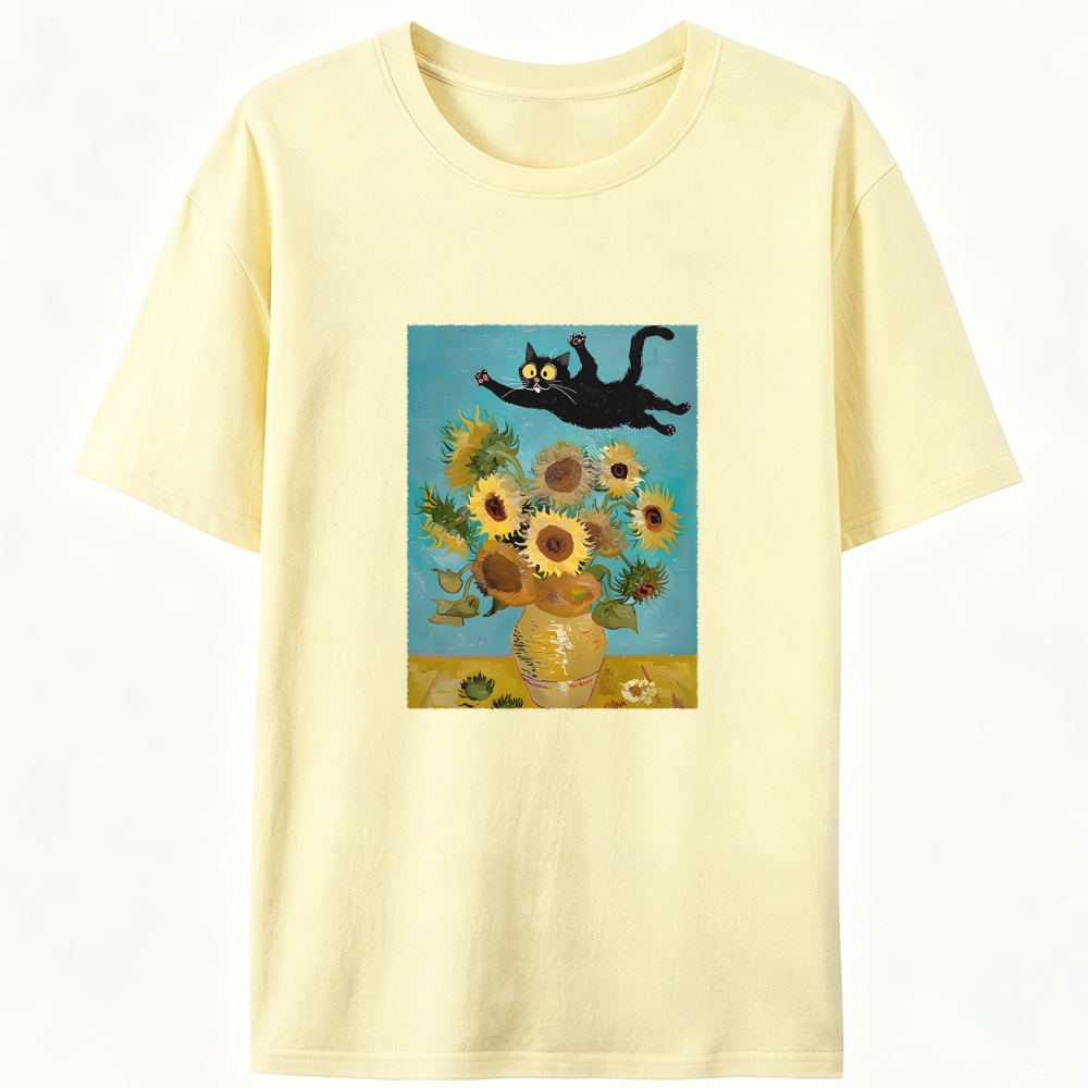 Van Gogh Sunflowers Black Cat Designed for Women - Slim Fit Cotton Tee