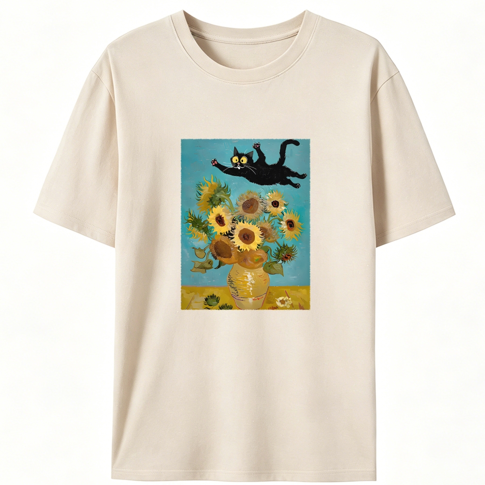 Van Gogh Sunflowers Black Cat Designed for Women - Slim Fit Cotton Tee