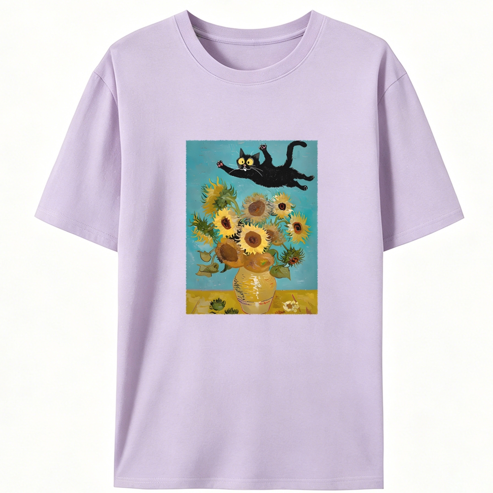 Van Gogh Sunflowers Black Cat Designed for Women - Slim Fit Cotton Tee