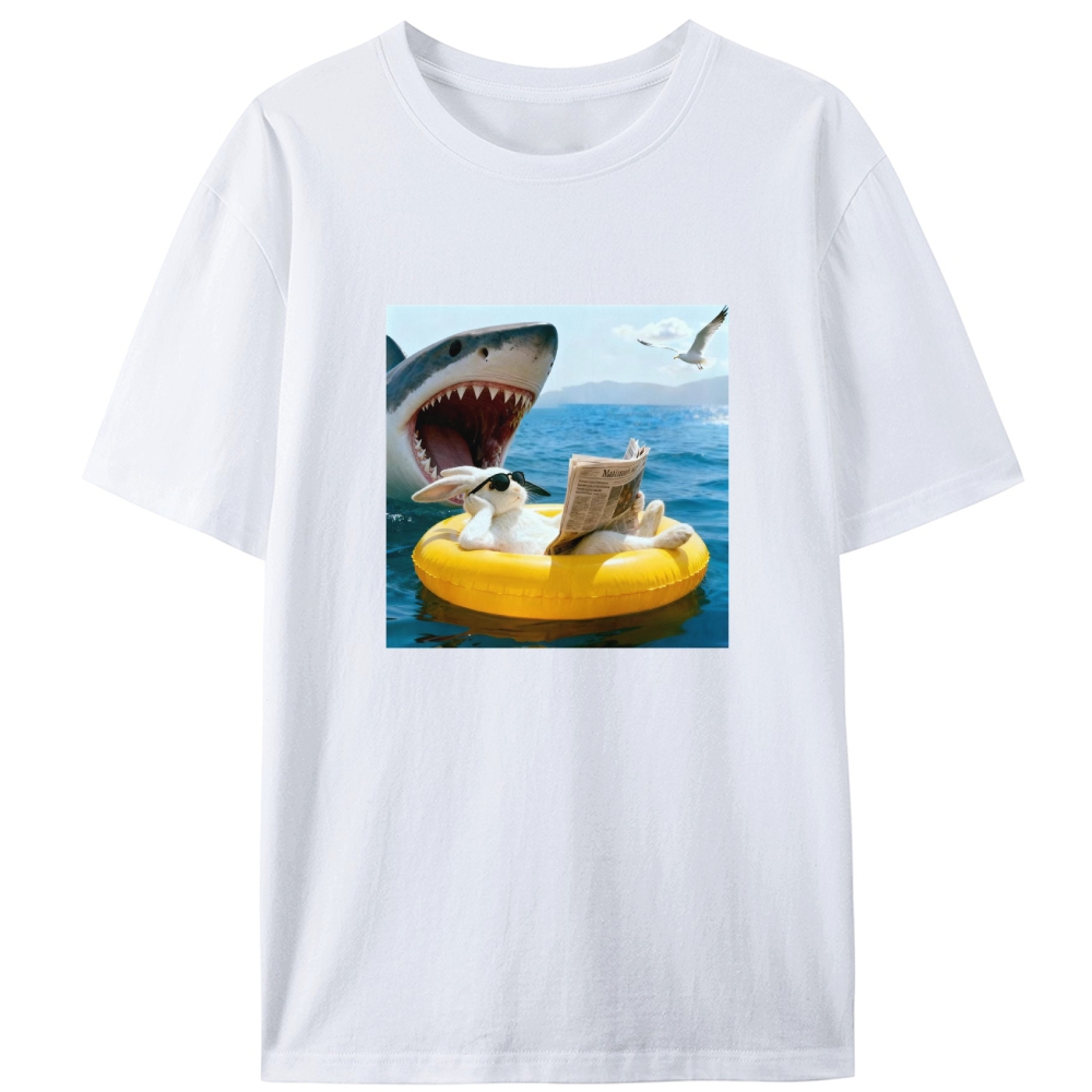 Bunny Reading Newspaper With Shark Retro Designed for Women - Slim Fit Cotton Tee