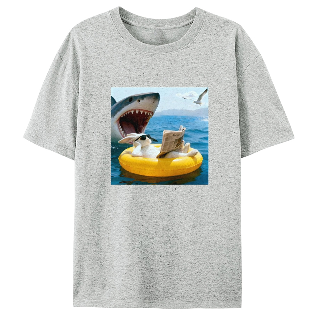 Bunny Reading Newspaper With Shark Retro Designed for Women - Slim Fit Cotton Tee