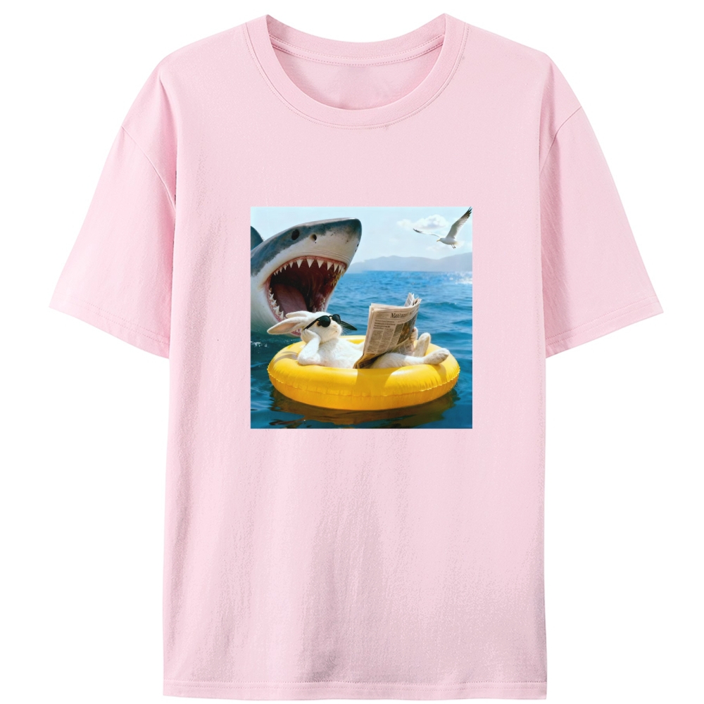 Bunny Reading Newspaper With Shark Retro Designed for Women - Slim Fit Cotton Tee