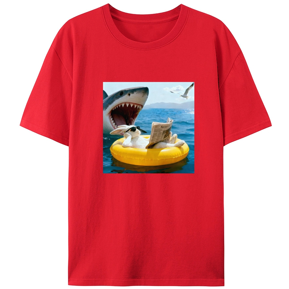 Bunny Reading Newspaper With Shark Retro Designed for Women - Slim Fit Cotton Tee