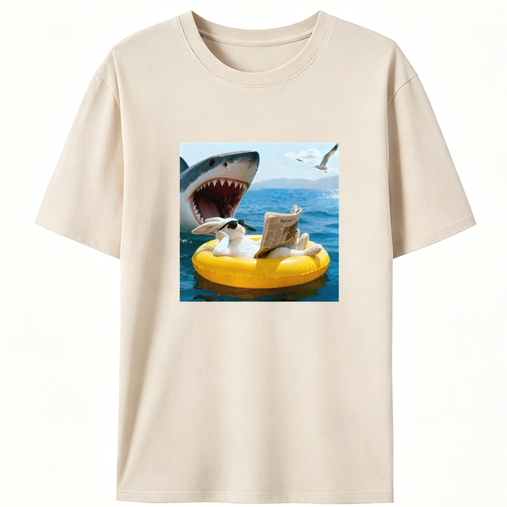Bunny Reading Newspaper With Shark Retro Designed for Women - Slim Fit Cotton Tee
