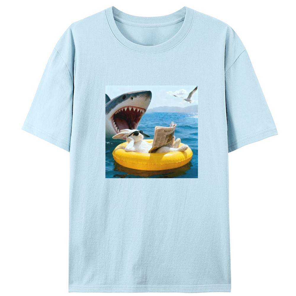 Bunny Reading Newspaper With Shark Retro Designed for Women - Slim Fit Cotton Tee