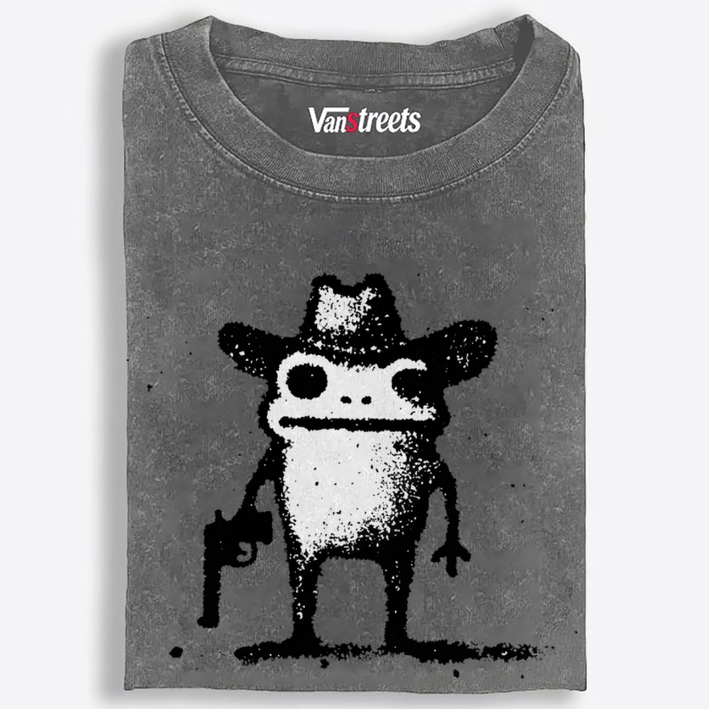 Cowboy Gun Frog Retro Washed T-Shirt | 100% Cotton | Streetwear Essential