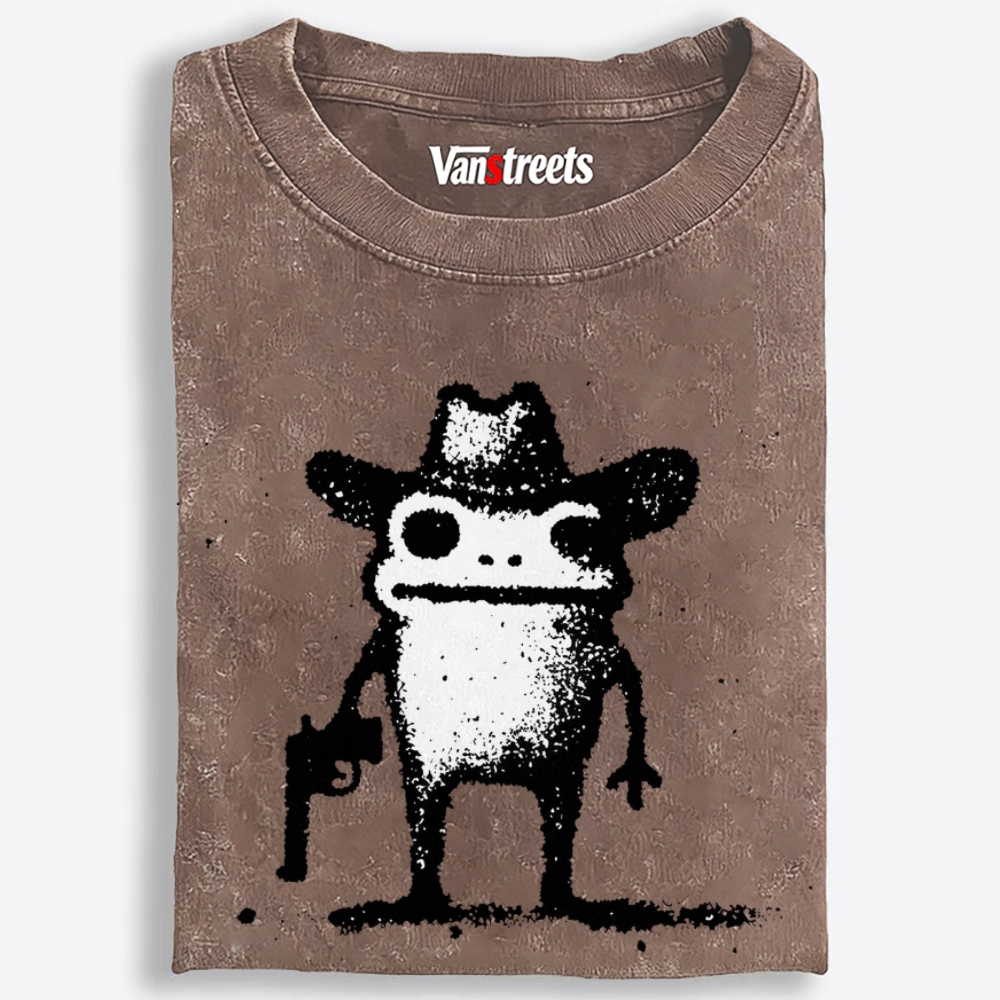 Cowboy Gun Frog Retro Washed T-Shirt | 100% Cotton | Streetwear Essential