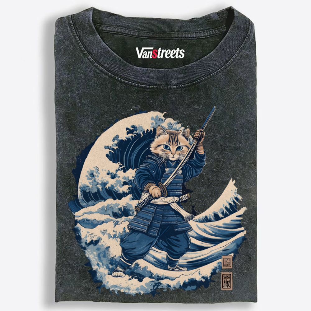 Samurai Cat on the Great Wave Retro Washed T-Shirt | 100% Cotton | Streetwear Essential