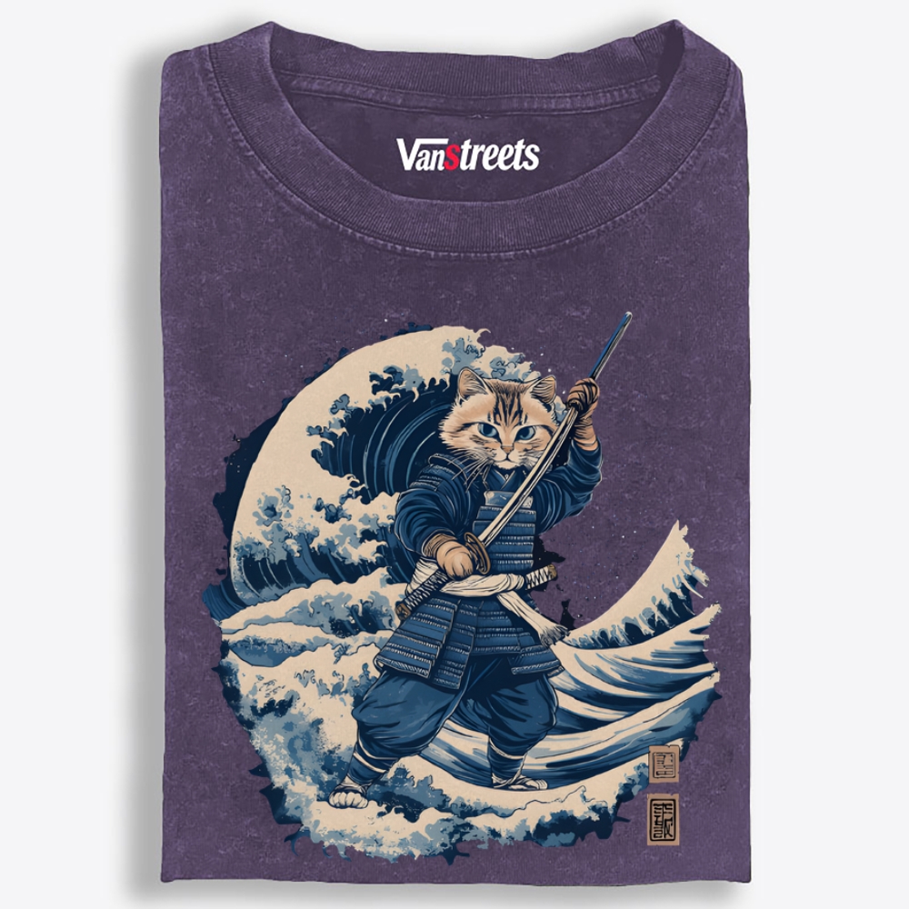Samurai Cat on the Great Wave Retro Washed T-Shirt | 100% Cotton | Streetwear Essential