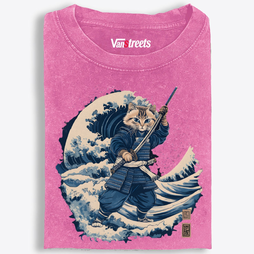 Samurai Cat on the Great Wave Retro Washed T-Shirt | 100% Cotton | Streetwear Essential