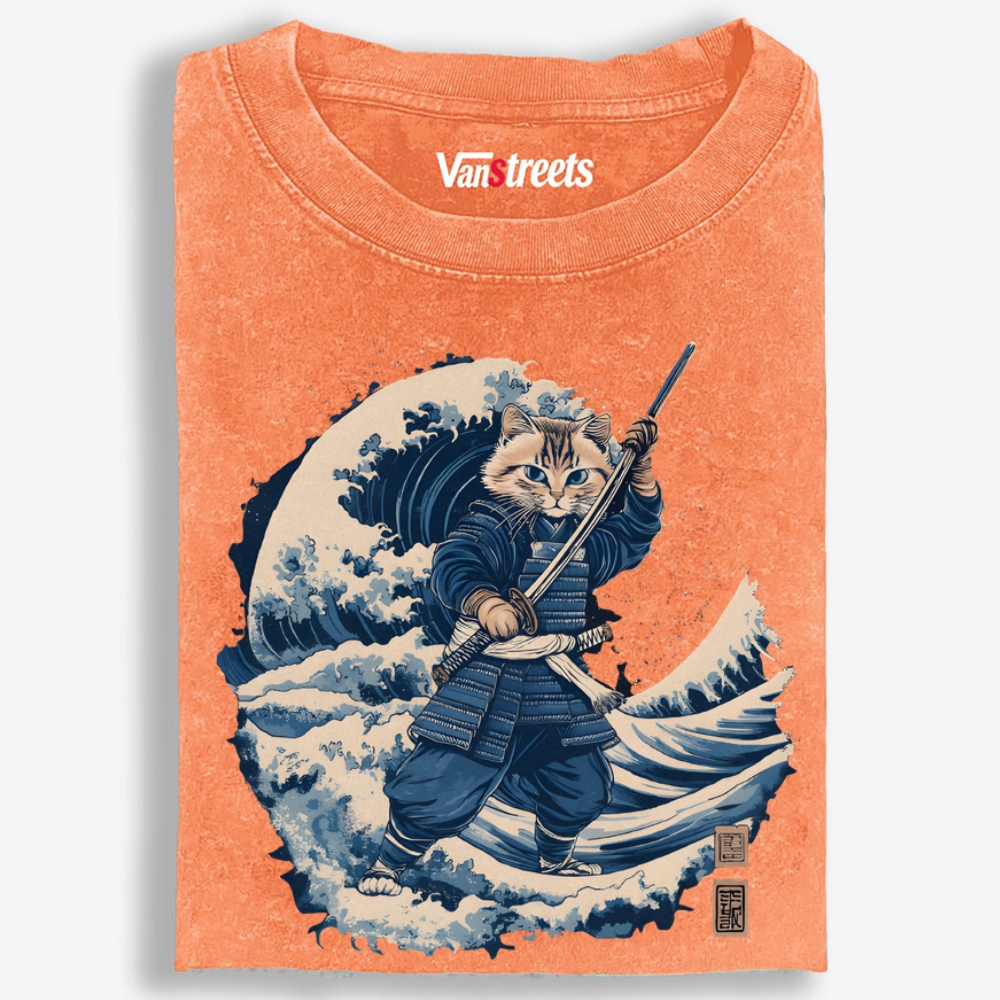 Samurai Cat on the Great Wave Retro Washed T-Shirt | 100% Cotton | Streetwear Essential