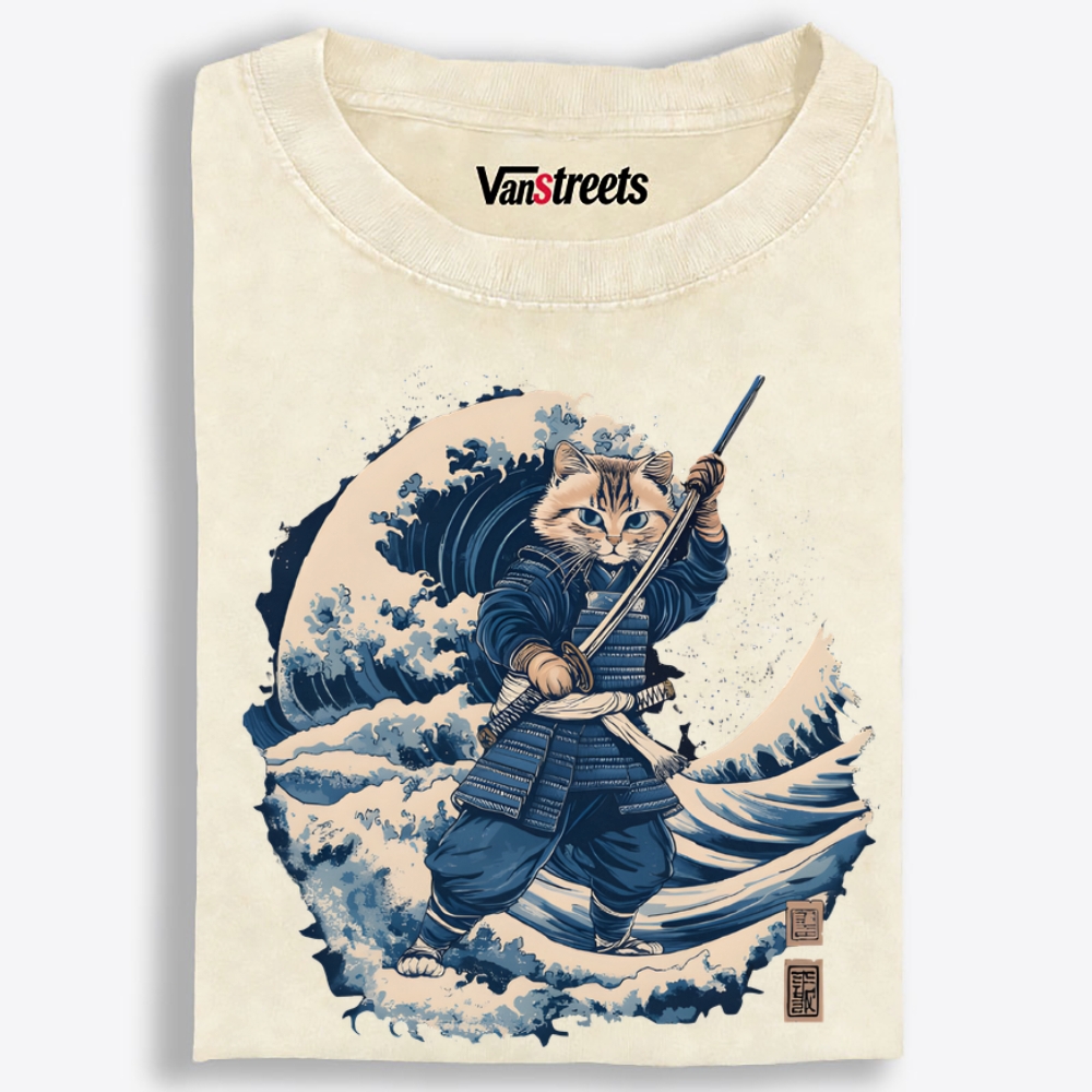 Samurai Cat on the Great Wave Retro Washed T-Shirt | 100% Cotton | Streetwear Essential