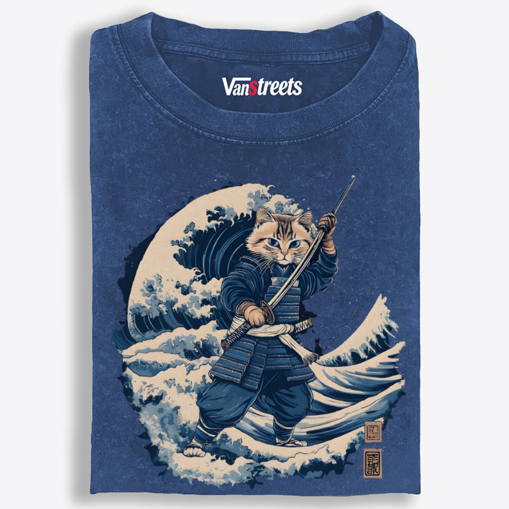 Samurai Cat on the Great Wave Retro Washed T-Shirt | 100% Cotton | Streetwear Essential