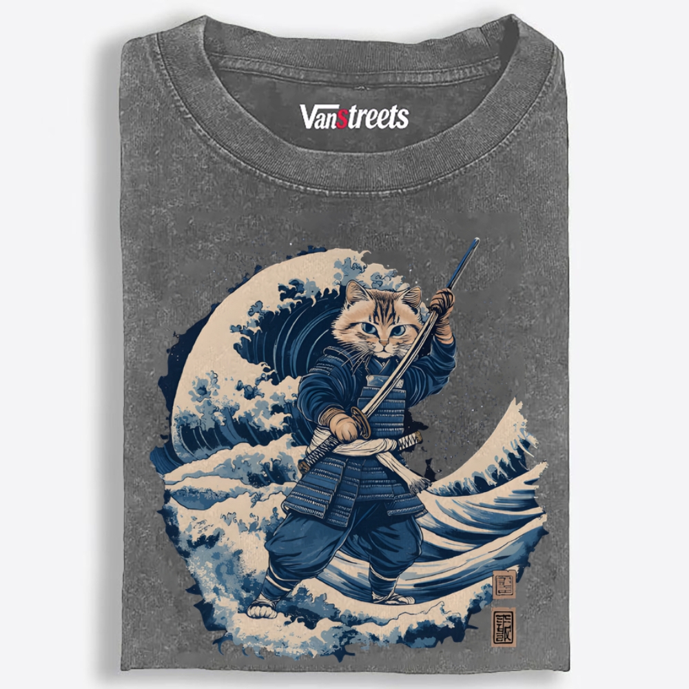 Samurai Cat on the Great Wave Retro Washed T-Shirt | 100% Cotton | Streetwear Essential