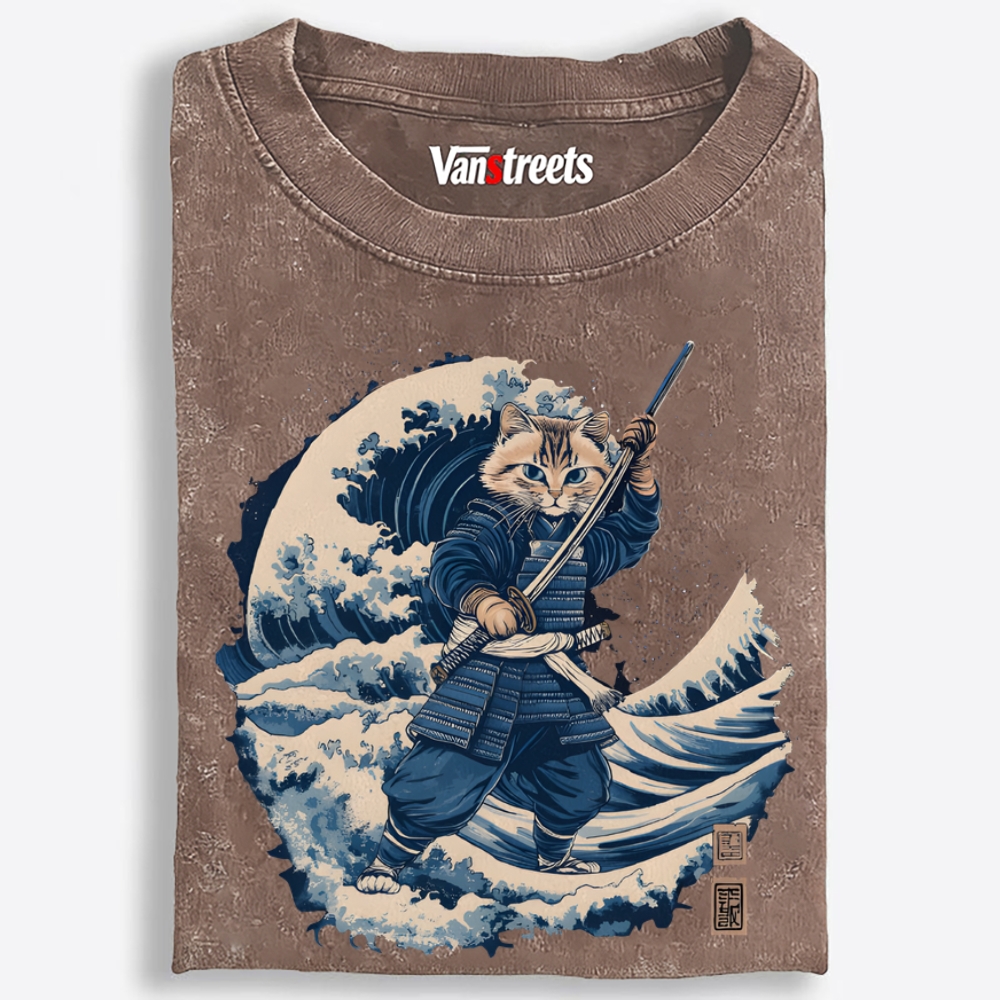 Samurai Cat on the Great Wave Retro Washed T-Shirt | 100% Cotton | Streetwear Essential