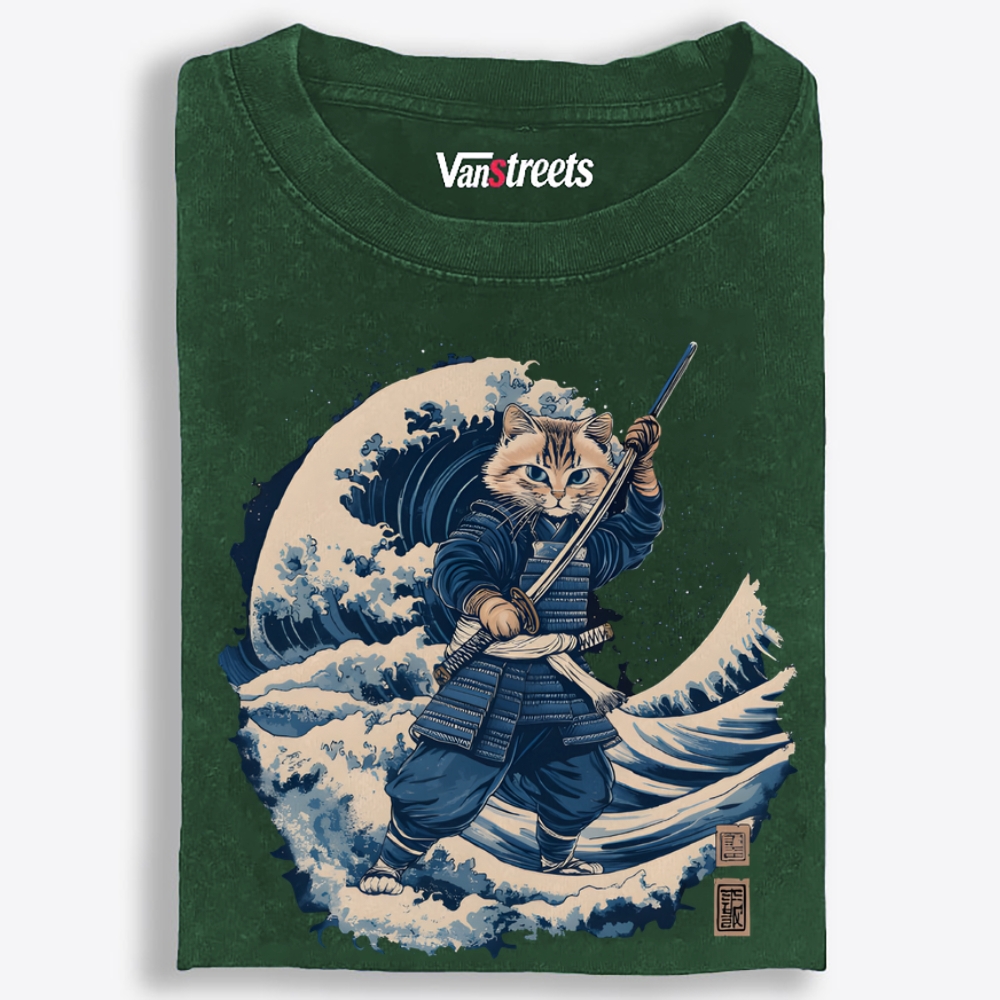 Samurai Cat on the Great Wave Retro Washed T-Shirt | 100% Cotton | Streetwear Essential