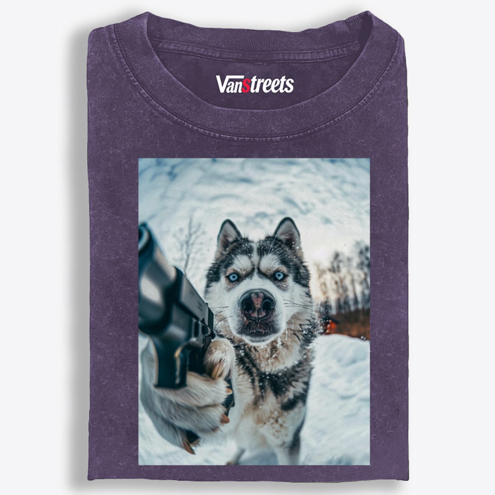 Husky Pulls a Gun Retro Washed T-Shirt | 100% Cotton | Streetwear Essential
