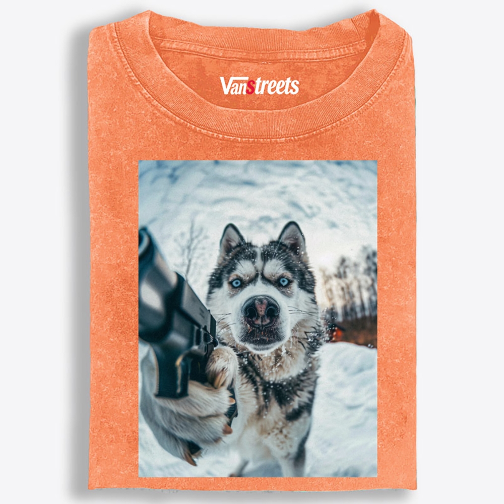 Husky Pulls a Gun Retro Washed T-Shirt | 100% Cotton | Streetwear Essential