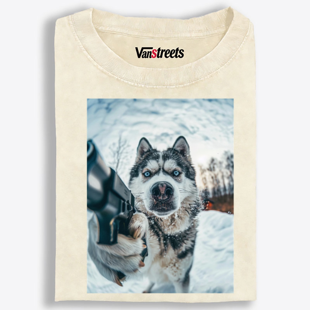 Husky Pulls a Gun Retro Washed T-Shirt | 100% Cotton | Streetwear Essential