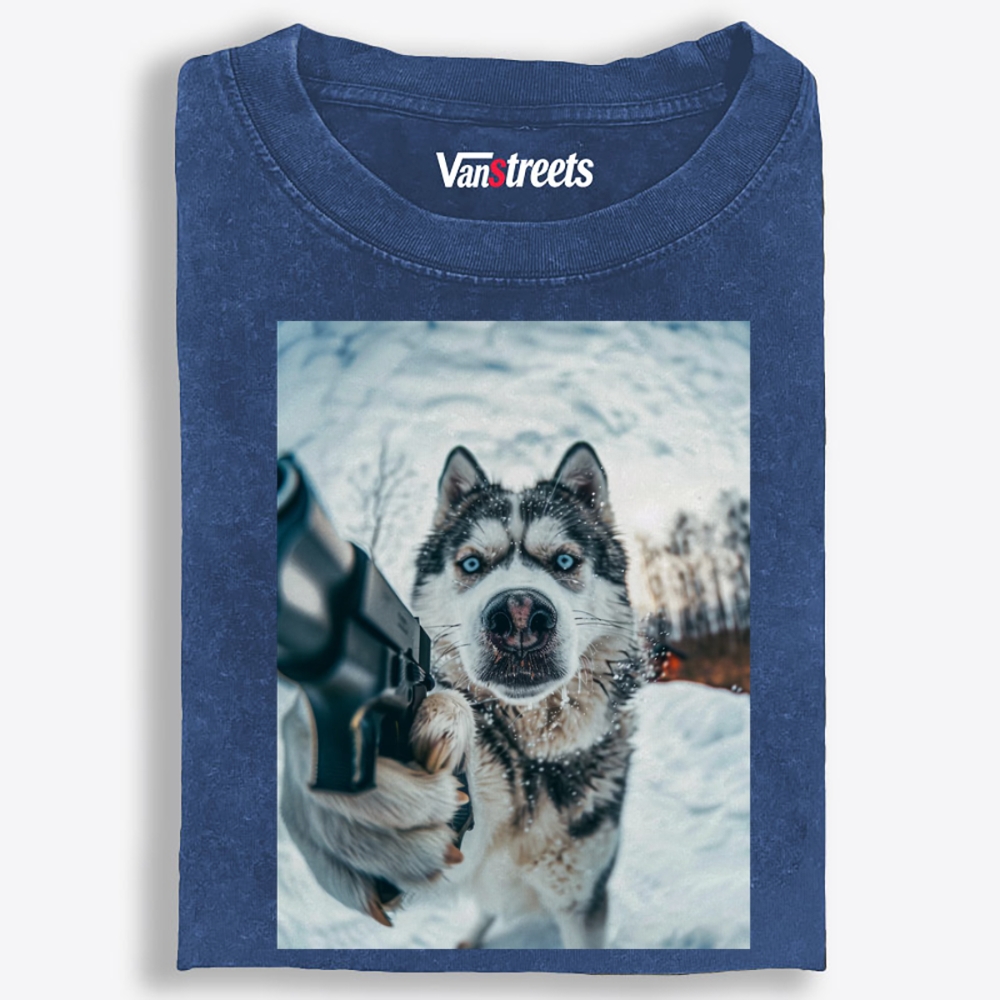 Husky Pulls a Gun Retro Washed T-Shirt | 100% Cotton | Streetwear Essential